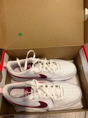 Nike Kids White Sneakers with Maroon Swoosh